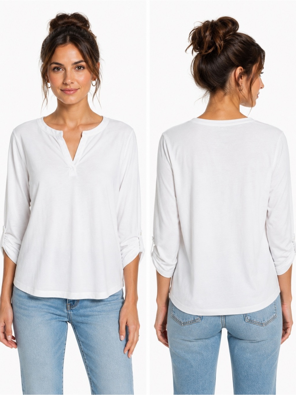 Charter Club White Split-Neck Roll-Tab Tunic Size PL